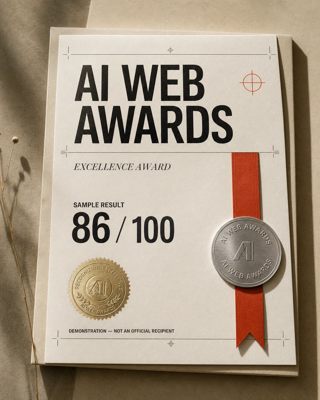 Sample Excellence Award certificate marked as a demonstration