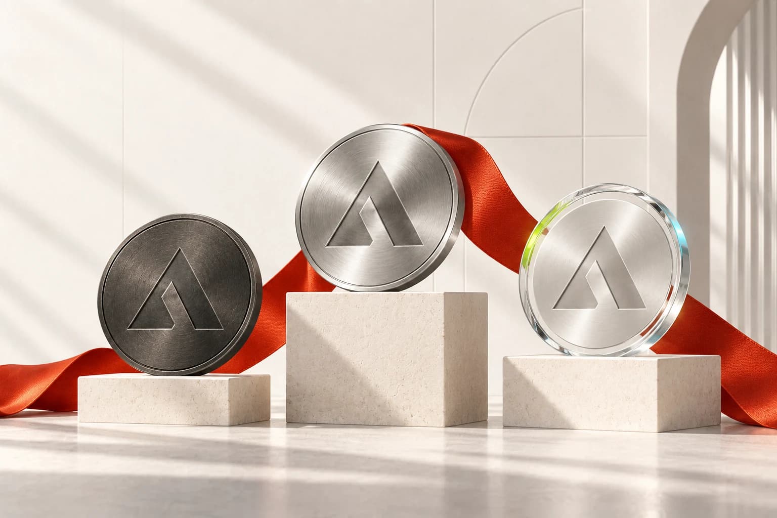 Three AI Web Awards medallions presented on ivory plinths