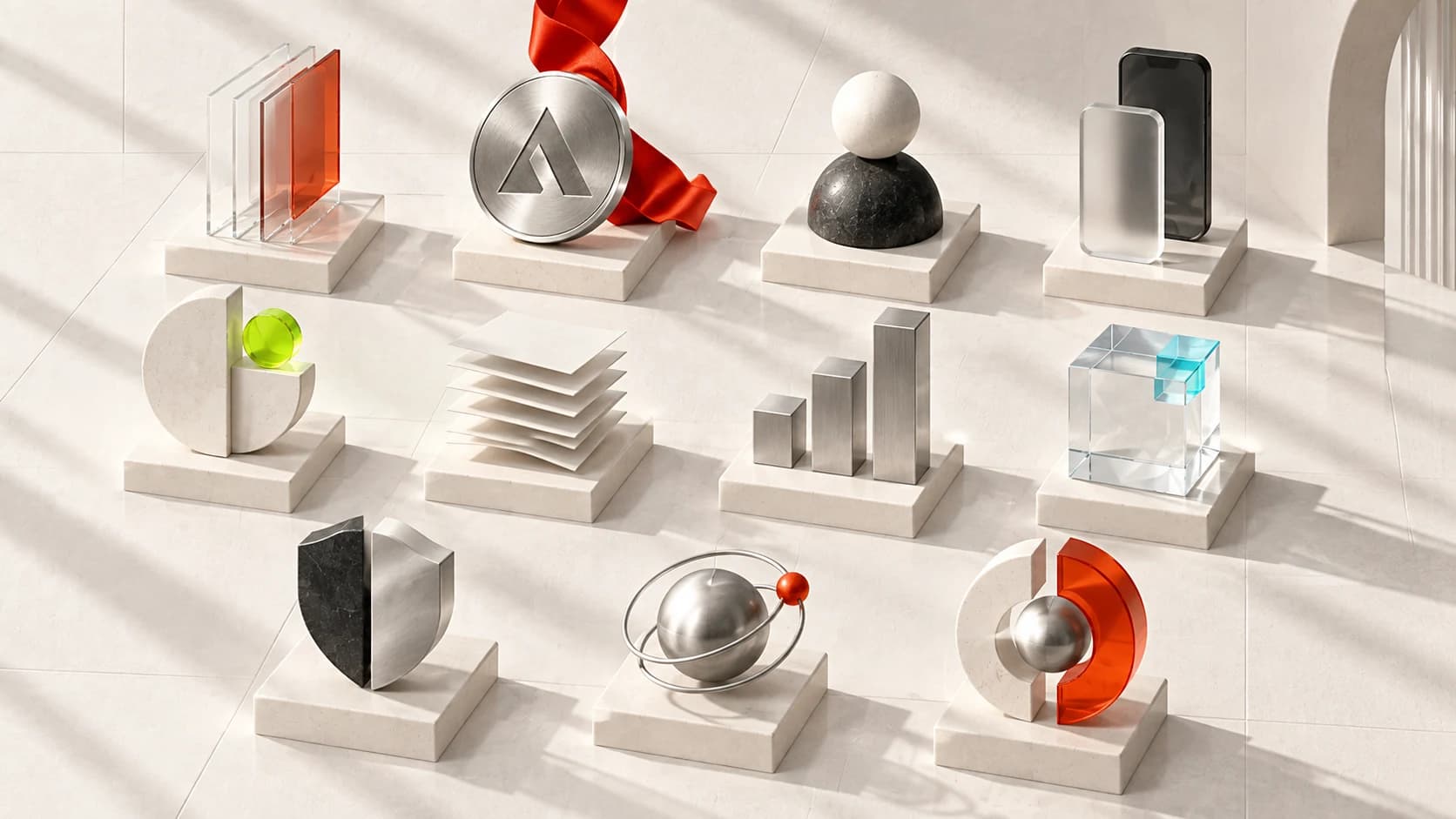 Eleven sculptural objects representing the evaluation categories